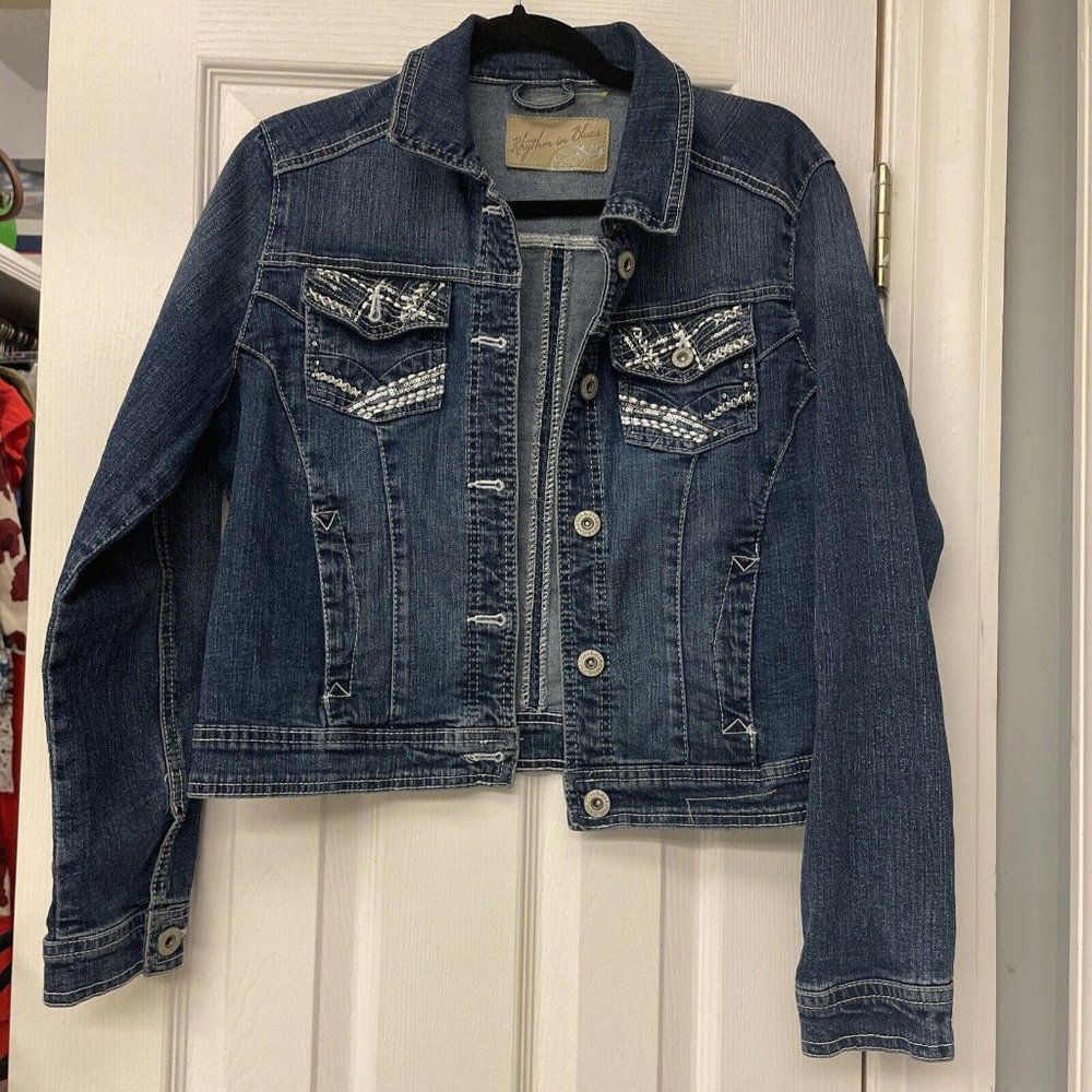 Rhythm in Blues Womens Medium Button Up Jean Jacket Blue Embroidered - Picture 1 of 11